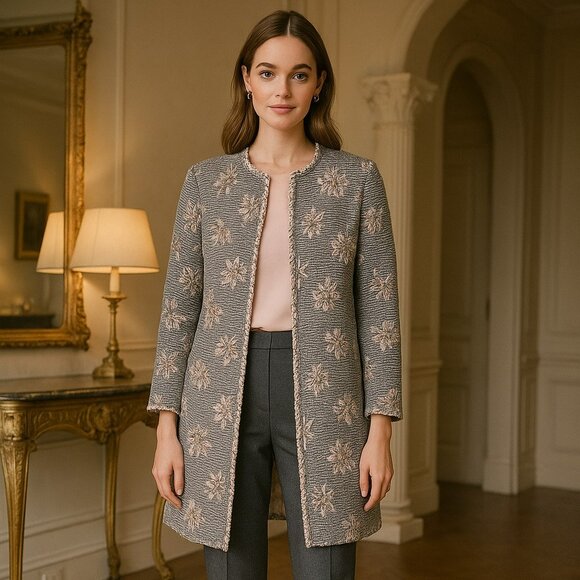 Alberto Makali Floral Metallic Jacquard Print Open Coat 6 - Picture 1 of 13
